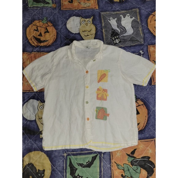Focus Tops - Vintage Linen Shirt Focus USA Button Front Women's XL Garden Patches Embroidered